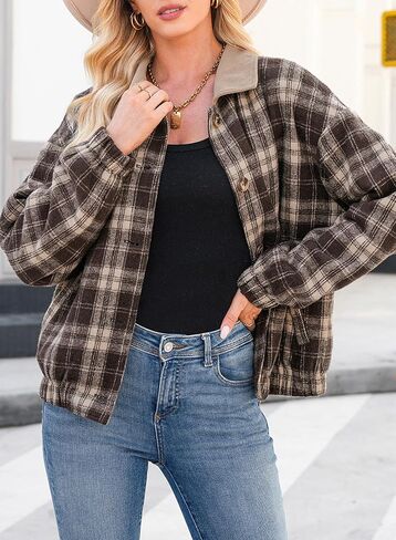 Dokotoo Womens Flannel Plaid Shacket Jackets Corduroy Collar Long Sleeve Button Down Fleece Jackets Warm Coat in Saudi Arabia