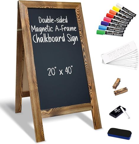 علامة سبورة مغناطيسية بإطار A من Better Office Products، كبيرة جدًا مقاس 20 بوصة × 40 بوصة، حامل سبورة واقفة، مجموعة فاخرة مع ملحقات متعددة، لافتة لوحة ساندويتش على الرصيف الخارجي، (بني ريفي) in Kuwait