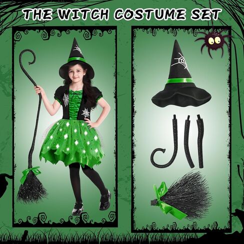 Halloween Witch Costume for Girls, Light Up Witch Dress with Hat and Broom, Toddler Costumes for Role-Play Party in Saudi Arabia