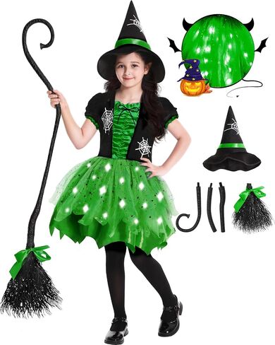 Halloween Witch Costume for Girls, Light Up Witch Dress with Hat and Broom, Toddler Costumes for Role-Play Party in Saudi Arabia
