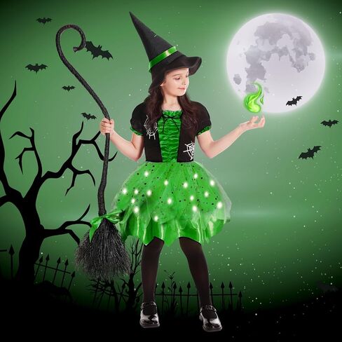 Halloween Witch Costume for Girls, Light Up Witch Dress with Hat and Broom, Toddler Costumes for Role-Play Party in Saudi Arabia