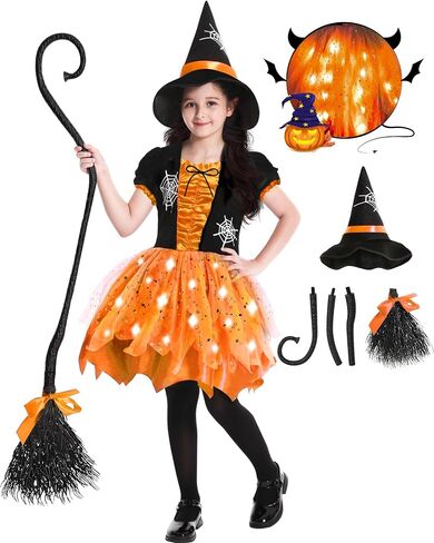 Halloween Witch Costume for Girls, Light Up Witch Dress with Hat and Broom, Toddler Costumes for Role-Play Party in Saudi Arabia