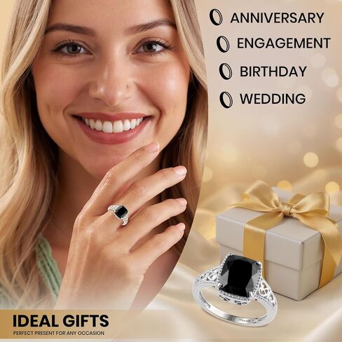 Black Tourmaline Ring in 925 Sterling Silver - October Birthstone Rings for Women - Engagement Promise Floral Statement Vintage Solitaire Tourmaline Jewelry Birthday Gifts for Womens in Saudi Arabia