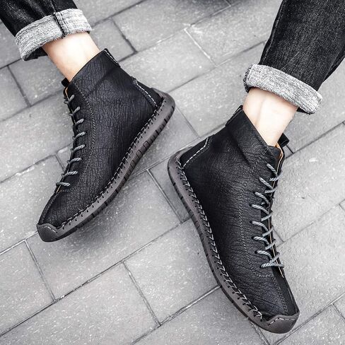 Mens Casual Leather Shoes Ankle Chukka Boots Lace-Up Black Hiking Boots with Fur Lining/Leather Lining Walking Work Driving for All Seasons in Saudi Arabia