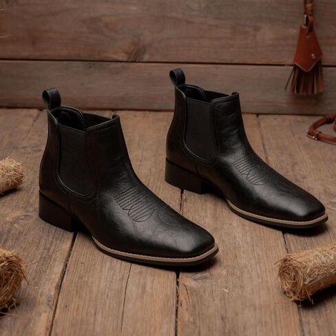 Cowboy Boots For Men Square Toe Ankle Western Boots Retro Slip On Chelsea Boot Casual Dress Boot in Kuwait