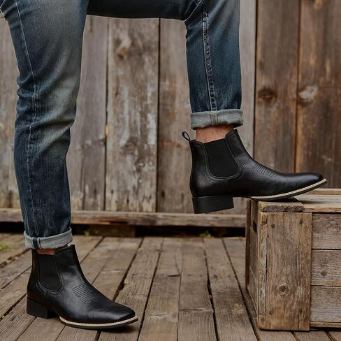 Cowboy Boots For Men Square Toe Ankle Western Boots Retro Slip On Chelsea Boot Casual Dress Boot in Kuwait