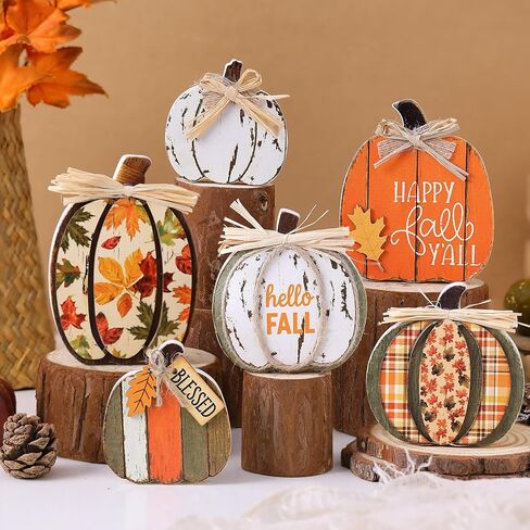 Leinuosen 6 Pcs Fall Pumpkin Decor Pumpkin Wooden Block Sign Fall Tiered Tray Decor for Home Autumn Table Centerpieces Decorations for Thanksgiving Harvest Table Mantel Shelf in Saudi Arabia