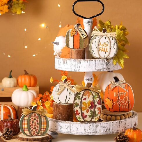 Leinuosen 6 Pcs Fall Pumpkin Decor Pumpkin Wooden Block Sign Fall Tiered Tray Decor for Home Autumn Table Centerpieces Decorations for Thanksgiving Harvest Table Mantel Shelf in Saudi Arabia
