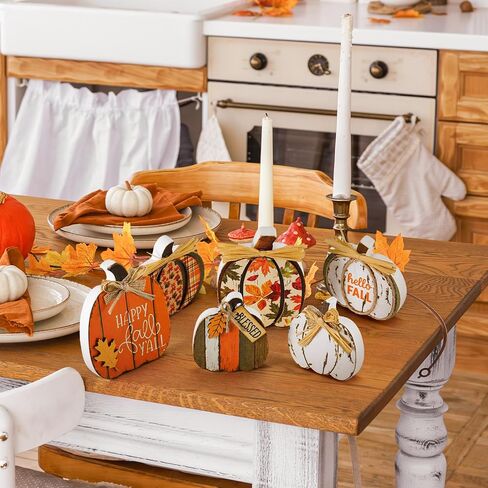 Leinuosen 6 Pcs Fall Pumpkin Decor Pumpkin Wooden Block Sign Fall Tiered Tray Decor for Home Autumn Table Centerpieces Decorations for Thanksgiving Harvest Table Mantel Shelf in Saudi Arabia