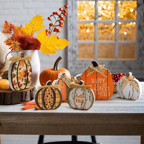 Leinuosen 6 Pcs Fall Pumpkin Decor Pumpkin Wooden Block Sign Fall Tiered Tray Decor for Home Autumn Table Centerpieces Decorations for Thanksgiving Harvest Table Mantel Shelf in Saudi Arabia