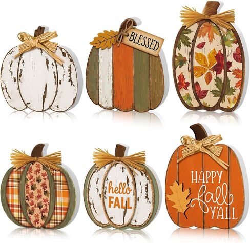Leinuosen 6 Pcs Fall Pumpkin Decor Pumpkin Wooden Block Sign Fall Tiered Tray Decor for Home Autumn Table Centerpieces Decorations for Thanksgiving Harvest Table Mantel Shelf in Saudi Arabia