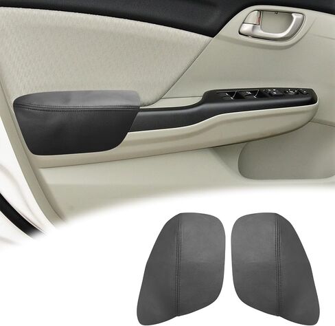 قطعتان من غطاء مسند الذراع للوحة الباب الأمامي متوافق مع Honda Civic 9th Gen 2012-2015 مسند ذراع من الجلد الأيسر والأيمن تم استبدال تنجيد الجلد باللون الأسود (الجزء الجلدي فقط) in Saudi Arabia