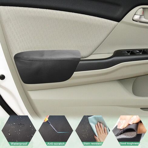 قطعتان من غطاء مسند الذراع للوحة الباب الأمامي متوافق مع Honda Civic 9th Gen 2012-2015 مسند ذراع من الجلد الأيسر والأيمن تم استبدال تنجيد الجلد باللون الأسود (الجزء الجلدي فقط) in Saudi Arabia