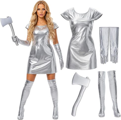 4 Pcs Halloween Tin Costume for Woman Dress Gloves Socks and Axe Space Costume Cosplay Planet Silver Metallic in Saudi Arabia
