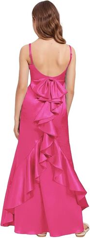 dideyttawl Mermaid Junior Bridesmaid Dress V Neck Stretch Satin Ruffles Bow Flower Girl Dress 2522 in Kuwait