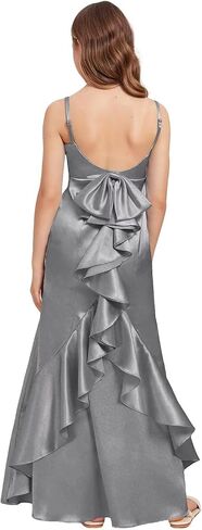 dideyttawl Mermaid Junior Bridesmaid Dress V Neck Stretch Satin Ruffles Bow Flower Girl Dress 2522 in Kuwait