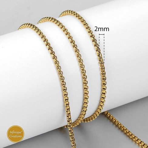 INFINIQUE CREATIONS 18k Gold Plated Stainless Steel Round Box Chain Bracelet Necklace 1.5-5mm 7"-38" in Saudi Arabia