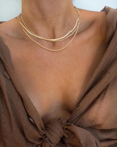 Dainty Herringbone Necklace for Women, 14K Gold Plated Snake Chain, Layered Choker, Simple Gold Jewelry. in Saudi Arabia