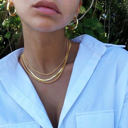 Dainty Herringbone Necklace for Women, 14K Gold Plated Snake Chain, Layered Choker, Simple Gold Jewelry. in Saudi Arabia