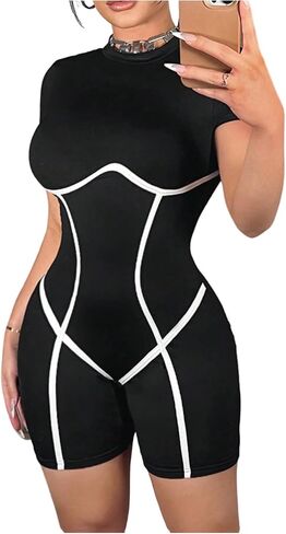 OYOANGLE Women's Contrast Piping Unitard Bodysuit Crew Neck Short Sleeve Rompers Shapewear in Saudi Arabia