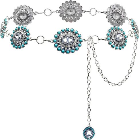 Boho Turquoise Concho Belt Western Bling Rhinestone Chain Belt Cowgirl Sparkly Crystal Waist Chain for Women in Kuwait