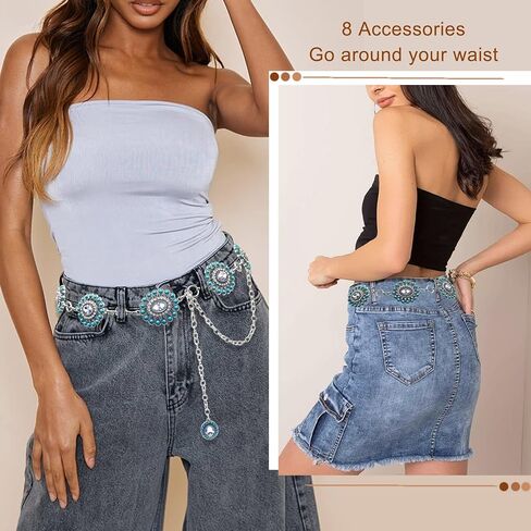 Boho Turquoise Concho Belt Western Bling Rhinestone Chain Belt Cowgirl Sparkly Crystal Waist Chain for Women in Kuwait