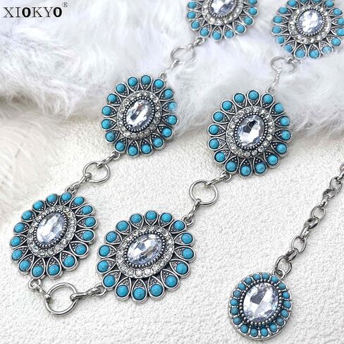 Boho Turquoise Concho Belt Western Bling Rhinestone Chain Belt Cowgirl Sparkly Crystal Waist Chain for Women in Kuwait