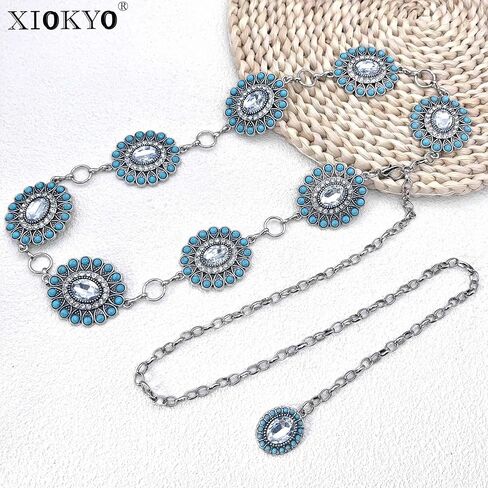 Boho Turquoise Concho Belt Western Bling Rhinestone Chain Belt Cowgirl Sparkly Crystal Waist Chain for Women in Kuwait