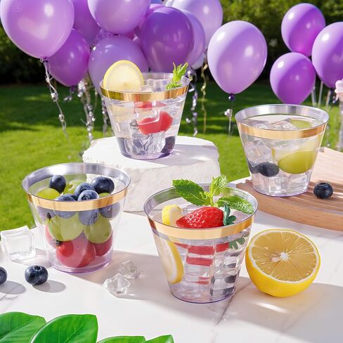 100 قطعة من أكواب بلاستيكية ذهبية وسوداء من Superrnal، سعة 9 أونصة، أكواب بلاستيكية أنيقة بحواف ذهبية، أكواب حفلات شفافة، أكواب زفاف فاخرة للاستعمال مرة واحدة للتجمعات العائلية، والشاي بعد الظهر، والحفلات in Kuwait