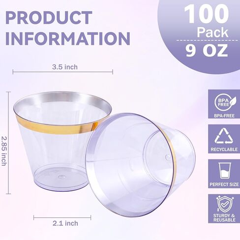 100 قطعة من أكواب بلاستيكية ذهبية وسوداء من Superrnal، سعة 9 أونصة، أكواب بلاستيكية أنيقة بحواف ذهبية، أكواب حفلات شفافة، أكواب زفاف فاخرة للاستعمال مرة واحدة للتجمعات العائلية، والشاي بعد الظهر، والحفلات in Kuwait