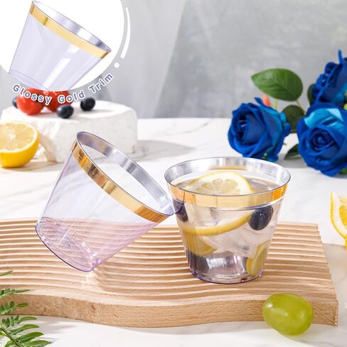 100 قطعة من أكواب بلاستيكية ذهبية وسوداء من Superrnal، سعة 9 أونصة، أكواب بلاستيكية أنيقة بحواف ذهبية، أكواب حفلات شفافة، أكواب زفاف فاخرة للاستعمال مرة واحدة للتجمعات العائلية، والشاي بعد الظهر، والحفلات in Kuwait