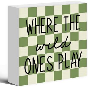 Where The Wild Ones Play Wood Box Sign Desk Decor, Nursery Kids Room Wooden Block Sign Decorations for Playroom Toddler Boys Girls Room Wall Tabletop Shelf Decor Baby Shower Gifts for Newborn in Kuwait