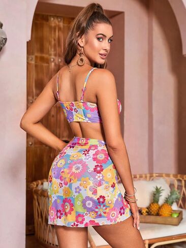 Women's 3 Piece Floral Bikini Sets Cute Swimsuit with Coverup Skirt in Saudi Arabia