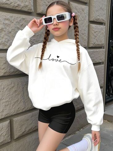 OYOANGLE Girl's Letter Graphic Print Long Sleeve Hoodies Cute Drop Shoulder Pullover Hooded Sweatshirts in Saudi Arabia