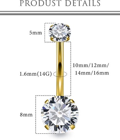Hoeudjo Belly Button Ring Surgical Steel Belly Button Piercing 14G Belly Rings For Women Internally Threaded Round Cubic Zirconia Long Navel Barbell Jewelry 8/10/12/14mm in Kuwait
