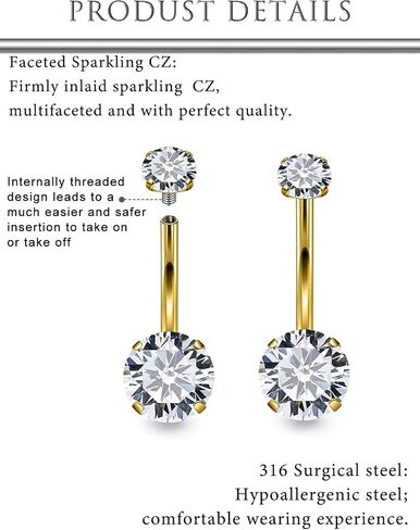 Hoeudjo Belly Button Ring Surgical Steel Belly Button Piercing 14G Belly Rings For Women Internally Threaded Round Cubic Zirconia Long Navel Barbell Jewelry 8/10/12/14mm in Kuwait