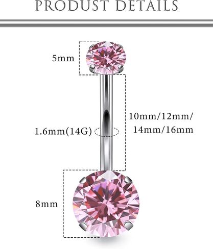Hoeudjo Belly Button Ring Surgical Steel Belly Button Piercing 14G Belly Rings For Women Internally Threaded Round Cubic Zirconia Long Navel Barbell Jewelry 8/10/12/14mm in Kuwait