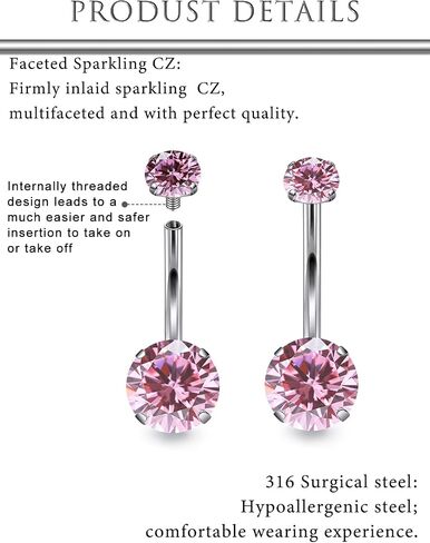 Hoeudjo Belly Button Ring Surgical Steel Belly Button Piercing 14G Belly Rings For Women Internally Threaded Round Cubic Zirconia Long Navel Barbell Jewelry 8/10/12/14mm in Kuwait