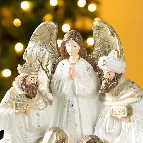 Glitzhome Christmas Nativity Set Nativity Scene Set Indoor 8" Resin Nativity Figurines Set 11 Pcs Removable Angel Statue Blue Nativity Sets & Figures Christian Holy Family Figure with Baby Jesus in Kuwait