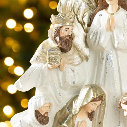 Glitzhome Christmas Nativity Set Nativity Scene Set Indoor 8" Resin Nativity Figurines Set 11 Pcs Removable Angel Statue Blue Nativity Sets & Figures Christian Holy Family Figure with Baby Jesus in Kuwait