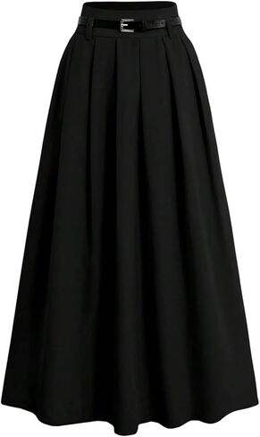 GORGLITTER تنورة نسائية طويلة ذات ثنيات وحزام فستان عالي الخصر على شكل حرف A تنانير طويلة مع جيب in Kuwait