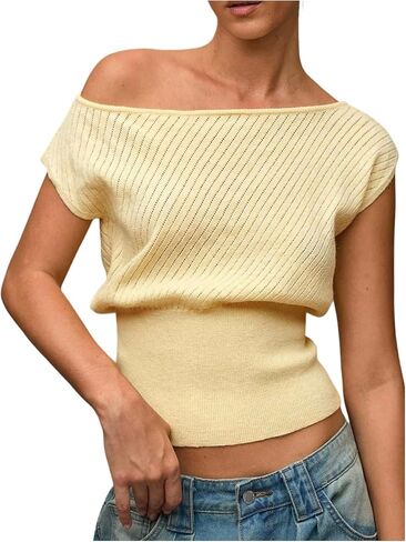 Verdusa Women's Fall Clothes Off The Shoulder Sweater Old Money Lightweight Cap Sleeve Cinched Waist Crop Tops Yellow Medium in Saudi Arabia