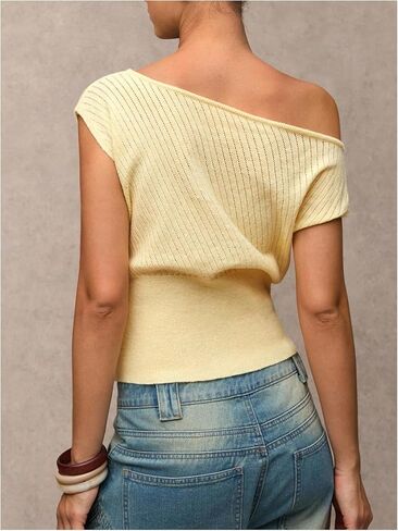 Verdusa Women's Fall Clothes Off The Shoulder Sweater Old Money Lightweight Cap Sleeve Cinched Waist Crop Tops Yellow Medium in Saudi Arabia