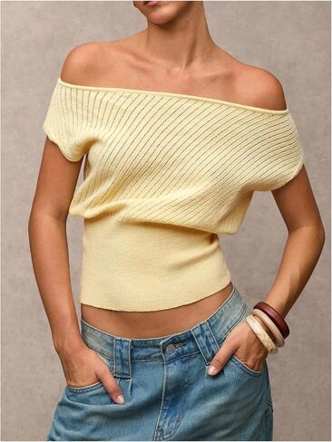 Verdusa Women's Fall Clothes Off The Shoulder Sweater Old Money Lightweight Cap Sleeve Cinched Waist Crop Tops Yellow Medium in Saudi Arabia