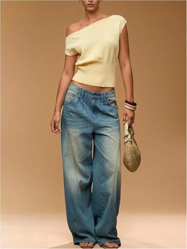 Verdusa Women's Fall Clothes Off The Shoulder Sweater Old Money Lightweight Cap Sleeve Cinched Waist Crop Tops Yellow Medium in Saudi Arabia