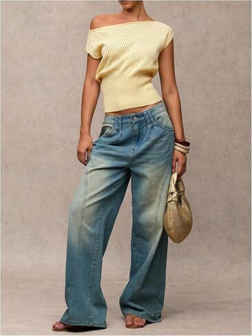 Verdusa Women's Fall Clothes Off The Shoulder Sweater Old Money Lightweight Cap Sleeve Cinched Waist Crop Tops Yellow Medium in Saudi Arabia