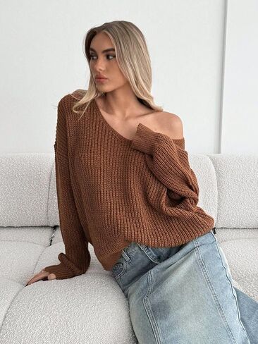 Narecte Womens Sweaters V-Neck Casual Pullover Long Sleeve Knit Ladies Sweaters Fall Winter Outfit in Kuwait
