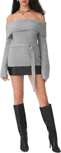 CIDER Women Off Shoulder Sweaters Long Sleeve Ribbed Knit Going Out 2025 Fall Tops with Belt in Saudi Arabia