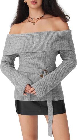 CIDER Women Off Shoulder Sweaters Long Sleeve Ribbed Knit Going Out 2025 Fall Tops with Belt in Saudi Arabia