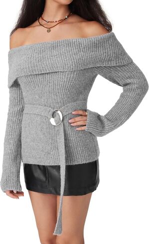 CIDER Women Off Shoulder Sweaters Long Sleeve Ribbed Knit Going Out 2025 Fall Tops with Belt in Saudi Arabia